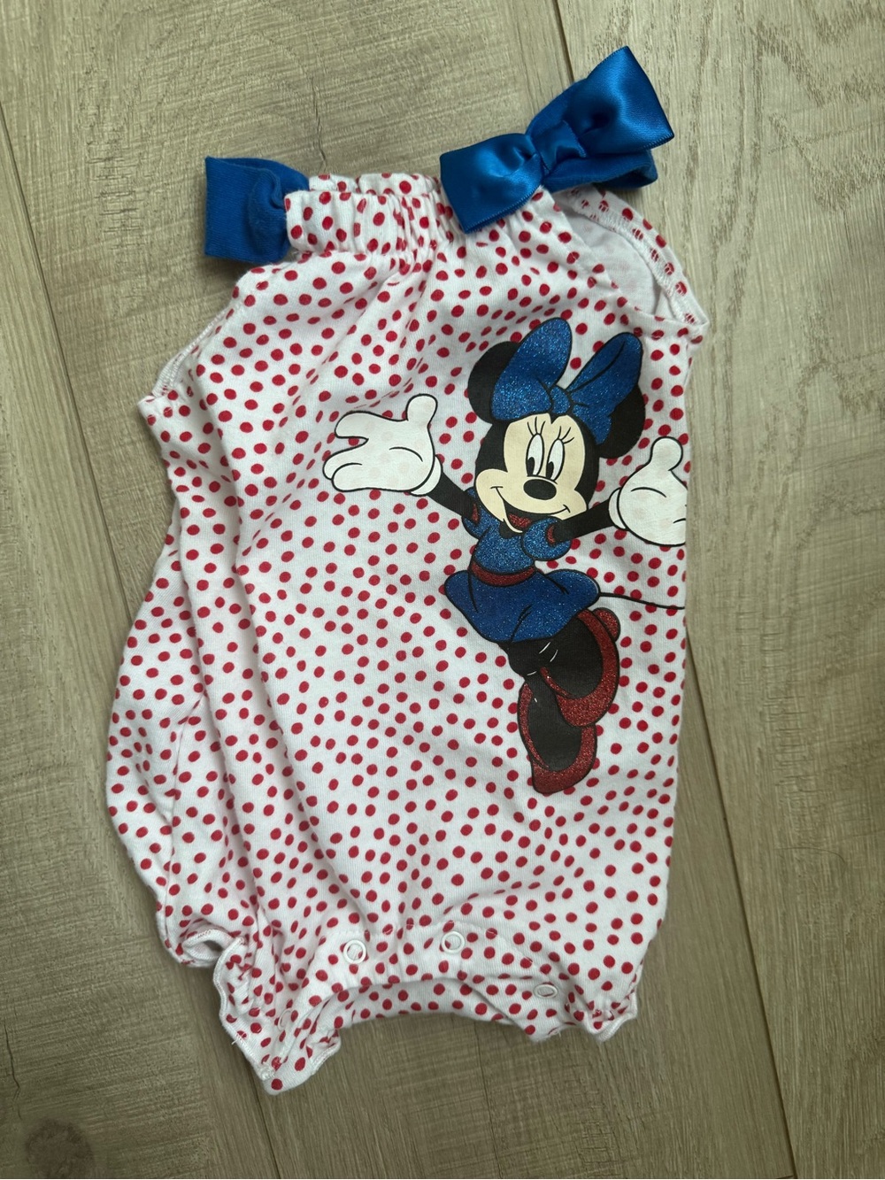 Disney Minnie Mouse White and Red Polka Dot Romper with Blue Bow